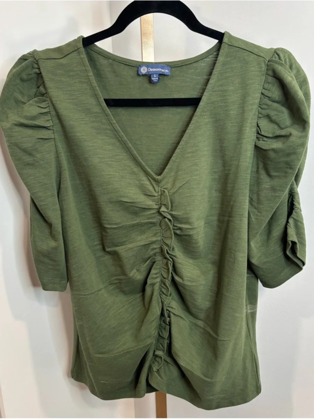 Democracy Olive Green Ruched V-Neck Puff Sleeve Top - Picture 2 of 2